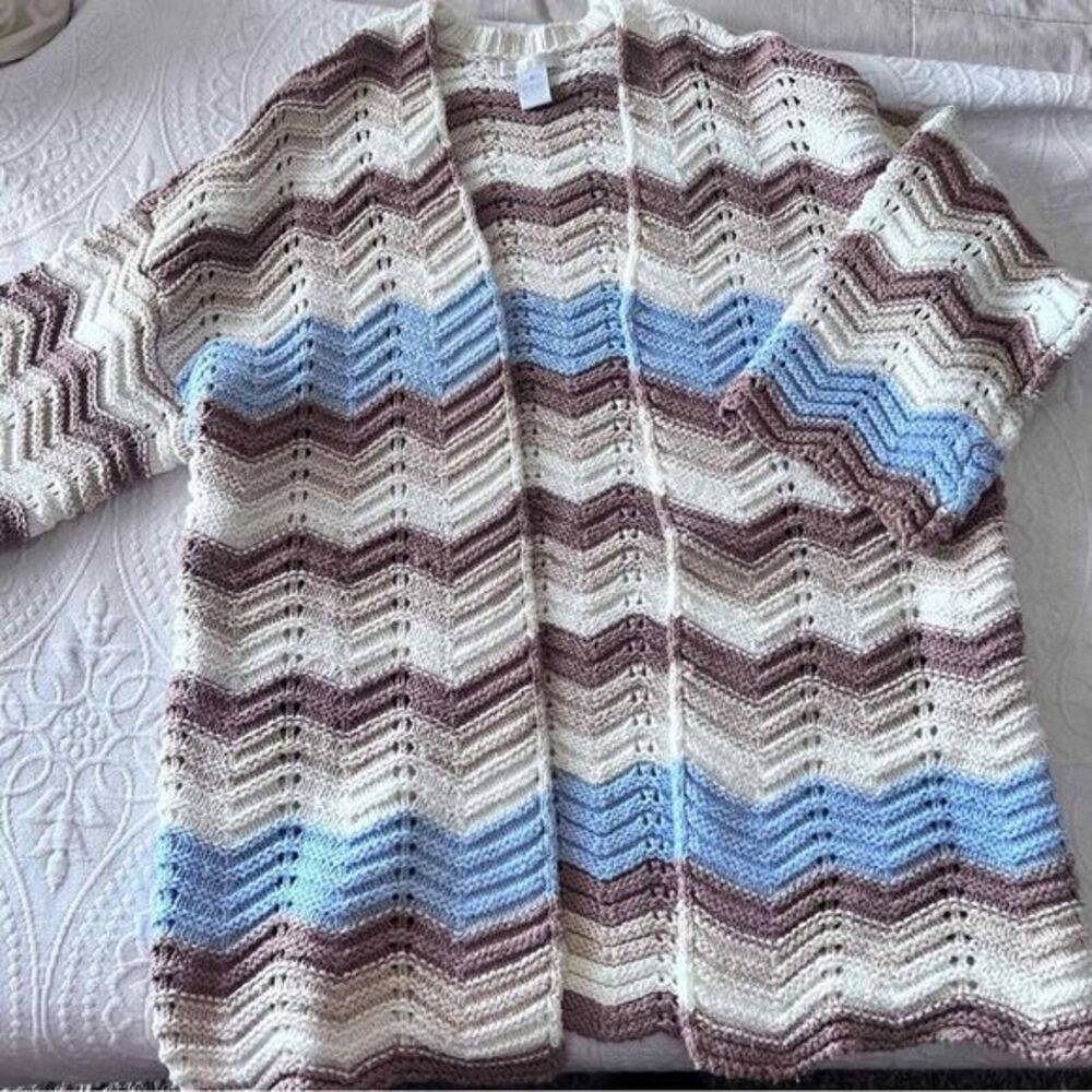 DESIGN HISTORY‎ knit crochet afghan cardigan sweater BLUE TAN